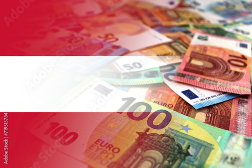 Euro banknotes colored in the colors of the flag of Austria. Gradient overlay of the Austrian flag on the euro notes.