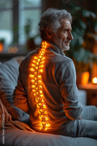 Glowing Backbone Mystery: Man With Illuminated Spine in Evening Home Ambiance