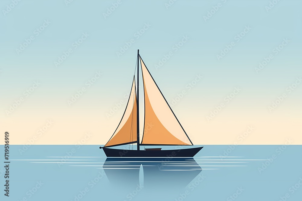 Minimalistic vector representation of a sailboat, featuring bold lines and a serene solid color background