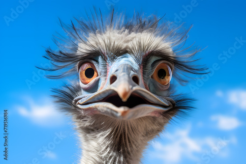 Funny portrait of emu bird in front of blue sky