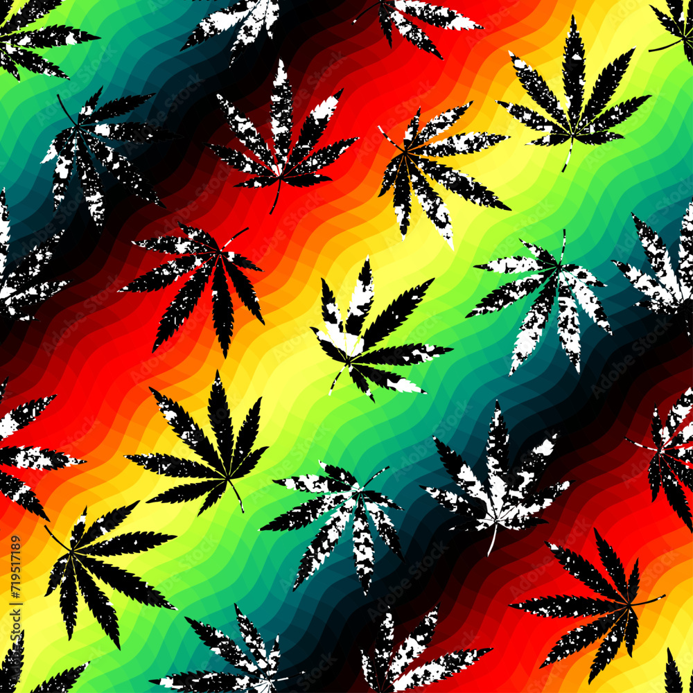 Psychedelic graphic vector. Marijuana inspired design. Reggae background with cannabis leaves.