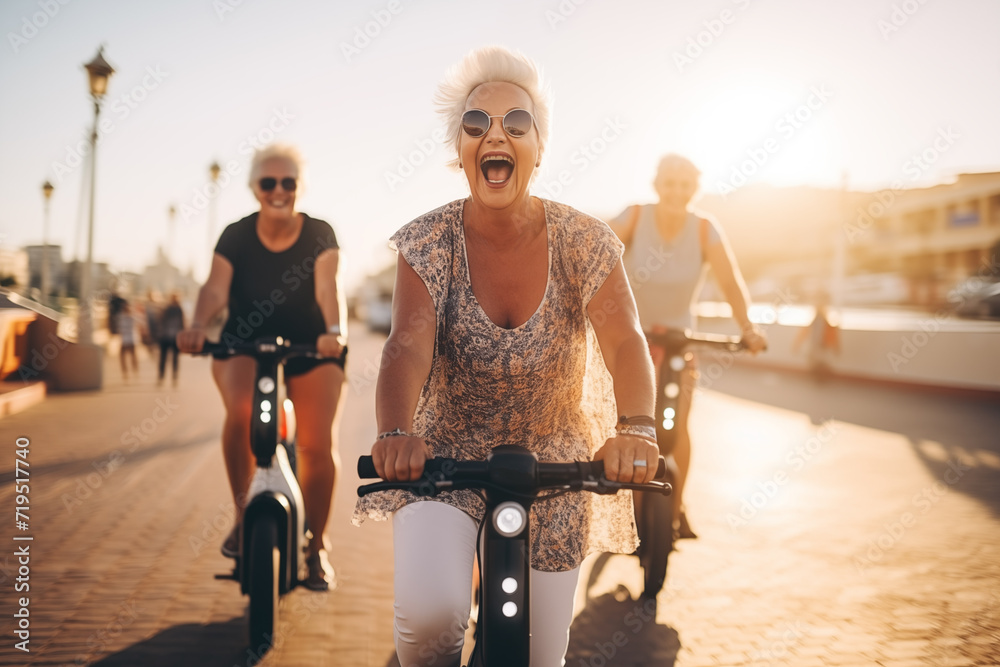 Happy emotional senior woman riding on bicycle on seaside quay with blurred aged friends on sunset. Active Retirement vacation. Aged people enjoy life. Active elderly people's lifestyle. - obrazy, fototapety, plakaty 