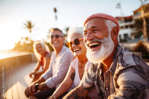 Group of happy retired mature men and women enjoying seaside view during beautiful sunset. Retirement vacation concept. Aged people enjoy life. Active elderly people's lifestyle. Selective focus