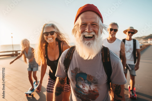 Laughing senior stylish bearded hipster man with gray hair and tattoos skateboarding on seaside quay with blurred aged friends on sunset. Aged people enjoy life. Active elderly people's lifestyle.