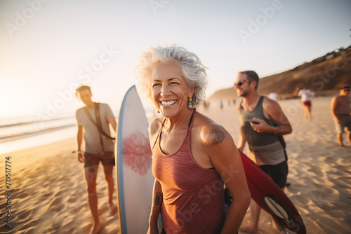 Laughing senior middle aged woman with gray hair and tattoos in sporty outfit walking on seaside beach with blurred aged friends in sunset. Aged people enjoy life. Active elderly people's lifestyle.