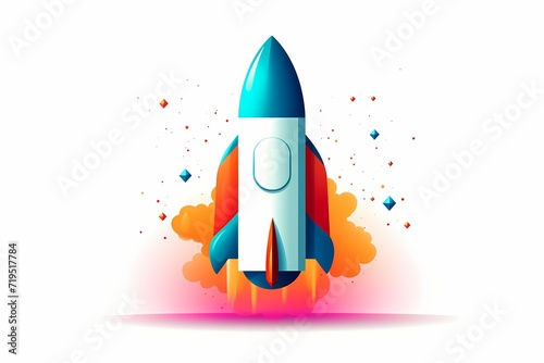 Playful rocket ship logo, defined by clean vectors, minimalistic design, vibrant colors, HD clarity, isolated on white solid background