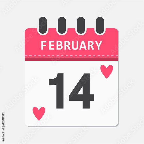 February 14 Valentine's Day calendar icon in pink color with heart. Calendar icon 14 February Valentine's Day vector image - Vector Icon