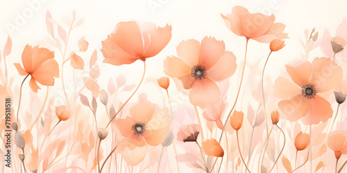 Floral abstract background with pastel peach fuzz color flowers 