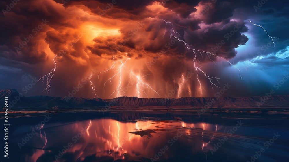 Thunderstorm sky with lightning over the lake. AI generated.