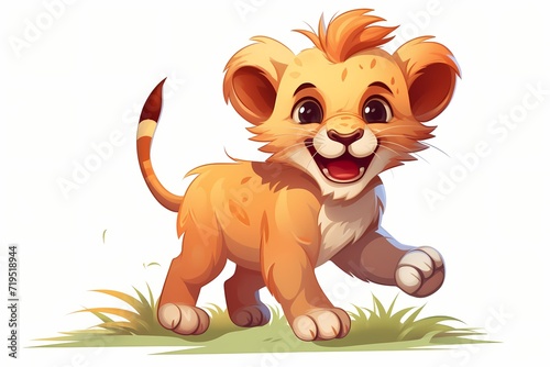 A colorful cartoon lion cub with a mane blowing in the wind, roaring playfully, isolated on a white solid background