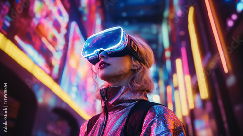 Young charming woman wearing futuristic virtual reality glasses in a neon-lit environment. Generative AI