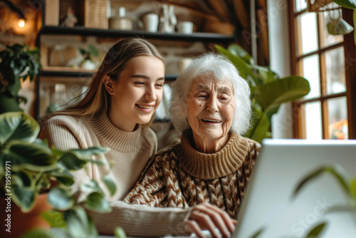 Young granddaughter teaching elderly senior woman to use a laptop computer. Happy smiling young and adult person communication photo