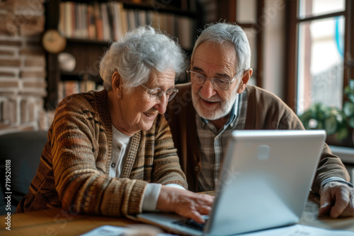 Happy family at the laptop computer. Smiling elderly senior man and woman, husband and wife