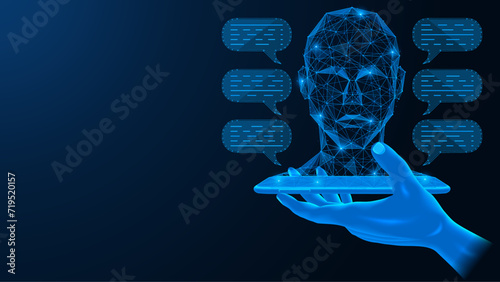 Smartphone in hand with artificial intelligence. A conversation with an interactive virtual chat-bot. Polygonal design. Blue background.