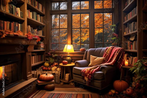 A leather armchair invites reading and relaxation among tall bookshelves in a autumn library setting. © Asmodar