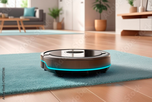 Modern robot vacuum cleaner working on blurred home room background.