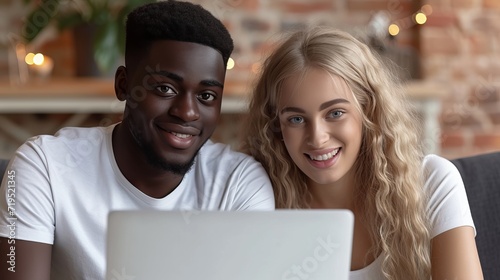 Multiracial young couple enjoying leisure time watching laptop together on sofa at home © Ilja