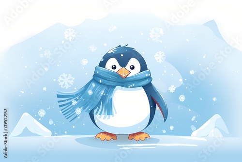 A minimalistic cartoon penguin wearing a colorful scarf  standing on an iceberg  with snowflakes falling around  isolated on a white solid background