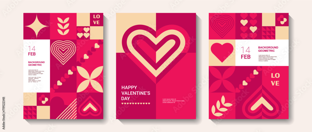 set of Valentine's Day posters, greeting card, banner, label, sale promotion template, cover in geometric style. Bauhaus. Geometric print, geometric pattern