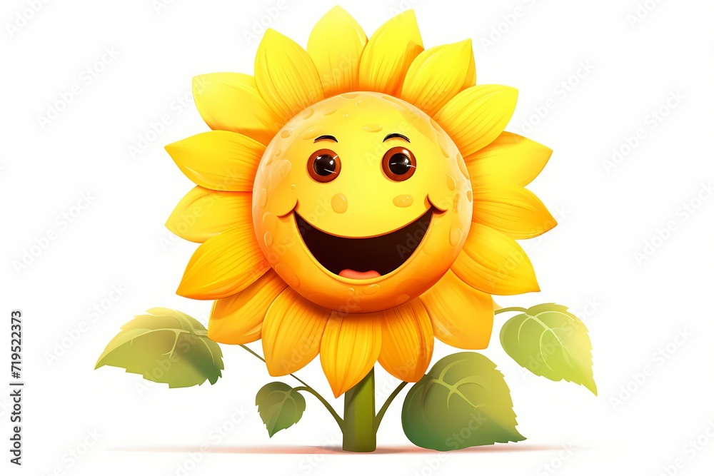 A cheerful smiling sunflower with bold, vibrant petals and a cute, round face, isolated on a white background