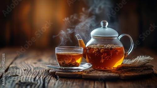 Realistic photo image. close-up of a teapot and a glass mug filled with steaming tea, on a wooden table. black background. no text 