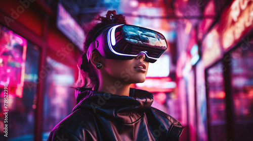 Young charming woman wearing futuristic virtual reality glasses in a neon-lit environment. Generative AI