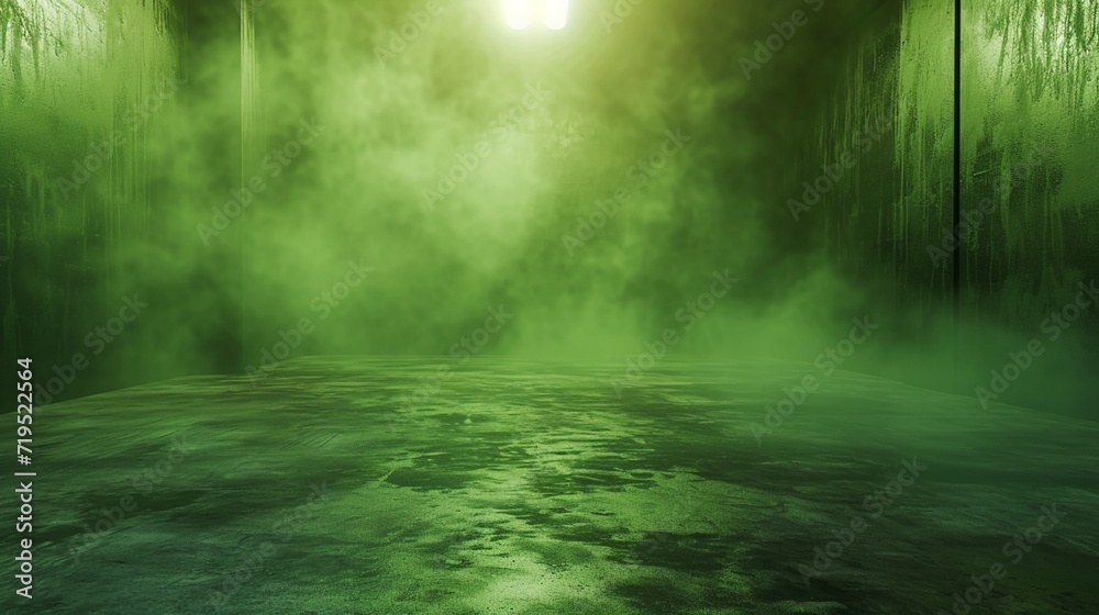 Inside a spacious, dimly lit room with a rough concrete floor, a dense, green fog creeps along a forest green background.