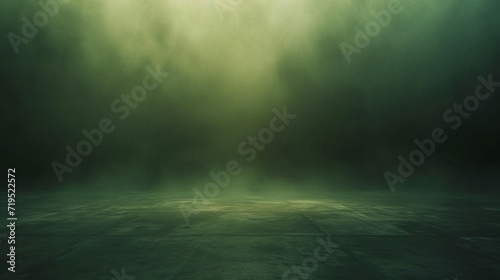 Inside an expansive, dusky room with a concrete floor, a gentle olive fog drifts across a dark green background. photo
