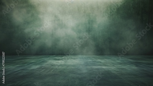 Inside an expansive, dusky room with a concrete floor, a gentle olive fog drifts across a dark green background. photo
