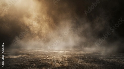 abstract image of dark brown room concrete floor panoramic view of the abstract fog white cloudiness, space for product presentation ,mist or smog moves on dark brown background photo