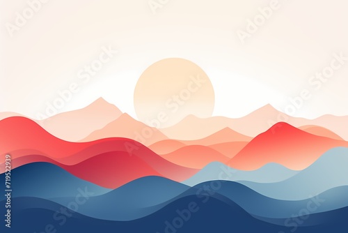 A minimalistic, colorful abstract landscape depicted through simple vector shapes and gradients, set against a white solid background