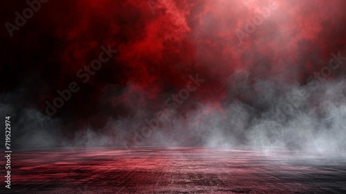 abstract image of dark red room concrete floor panoramic view of the abstract fog white cloudiness, space for product presentation ,mist or smog moves on dark red background © ILOVEART