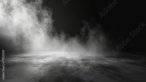 abstract image of light black room concrete floor panoramic view of the abstract fog white cloudiness, space for product presentation ,mist or smog moves on light black background