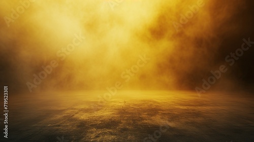 abstract image of dark yellow room concrete floor panoramic view of the abstract fog white cloudiness, space for product presentation ,mist or smog moves on dark yellow background © ILOVEART