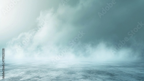 abstract image of light blue room concrete floor panoramic view of the abstract fog white cloudiness  space for product presentation  mist or smog moves on light blue background