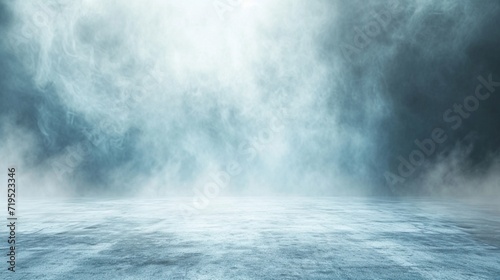 abstract image of light blue room concrete floor panoramic view of the abstract fog white cloudiness  space for product presentation  mist or smog moves on light blue background