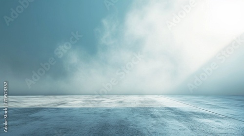 abstract image of light blue room concrete floor panoramic view of the abstract fog white cloudiness, space for product presentation ,mist or smog moves on light blue background
