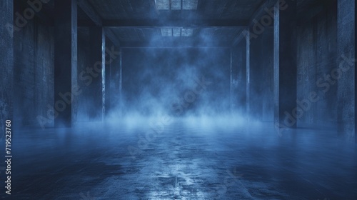 A large, shadowy chamber, its concrete floor reflecting faint light, as a deep indigo fog wafts against a navy blue background. photo