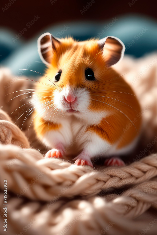 Сlose up hamster resting on sofa under knitted blanket. Сlose up hamster resting on sofa under knitted blanket.