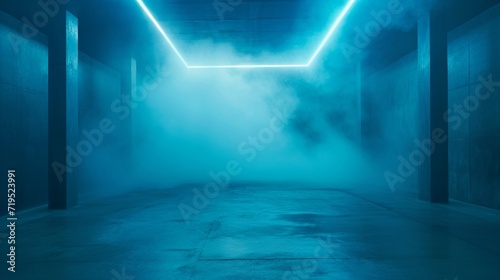 A vast  dimly lit area with a concrete floor  where a bright cyan fog moves ethereally against a sky blue background.