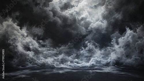 A black room floor with a swirling storm of white and gray clouds, set against a stormy dark black background.