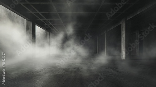 An expansive, gloomy space with a concrete floor, where a deep charcoal fog moves slowly against a dark grey background.