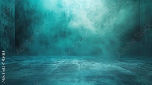 An expansive, murky room, its concrete floor gleaming faintly, as a teal mist moves languidly against a dark turquoise background.