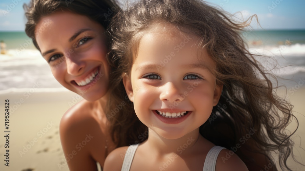 Smiling mom with her cute little daughter on the sea beach in summer. Family on vacation and travel. Closeup portrait. AI Generated Smiling mom with her cute little daughter on the sea beach in summer. Family on vacation and travel. Closeup portrait. AI Generated
