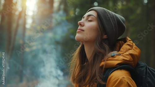 Young woman with eyes closed breathing fresh air while camping in woods.