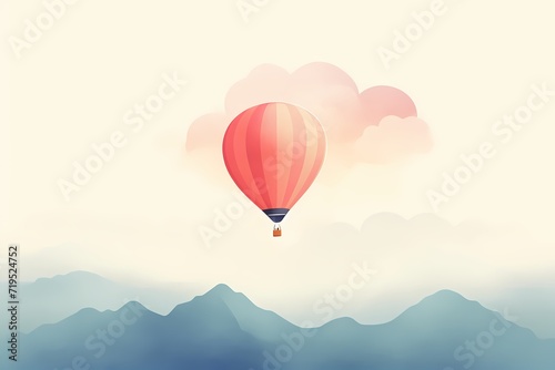 A serene and minimalist depiction of a floating hot air balloon in the sky, with soft, dreamy colors and clean lines, isolated on a white background