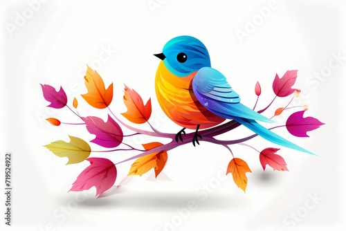 A simple, cute cartoon bird perched on a tree branch with colorful leaves, chirping happily, isolated on a white solid background © Hunny