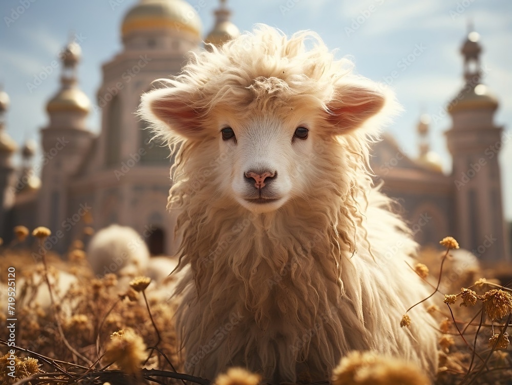 Beautiful lamb with old Islamic structure and a building Beautiful lamb with old Islamic structure and a building