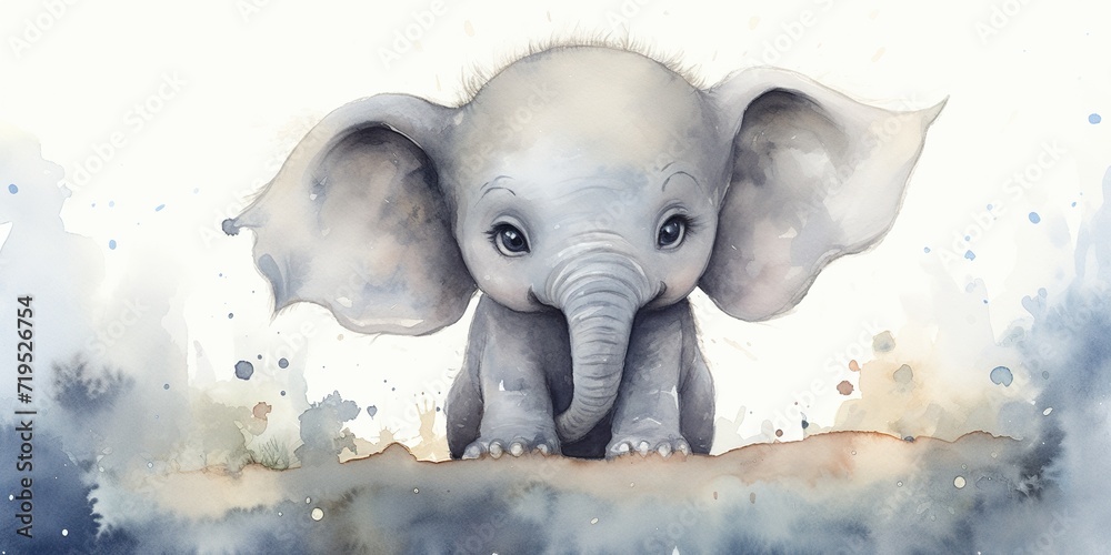 Portrait of a cute baby elephant. Watercolor illustration