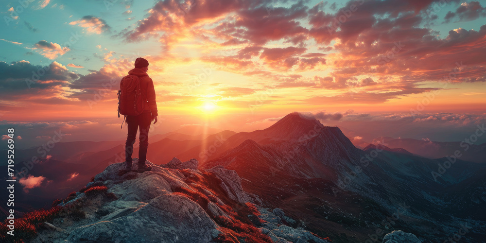 Silhouette of a person standing on a mountain with cinematic lighting during sunrise after hiking.  Person standing on a mountain during sunrise